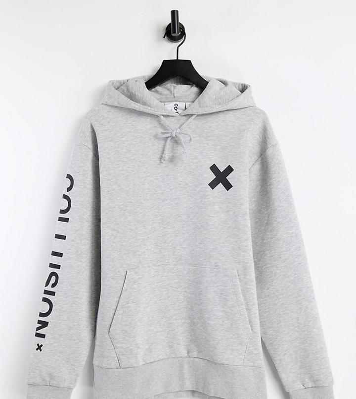 Collusion Unisex Organic Cotton Logo Hoodie In Gray Heather-grey