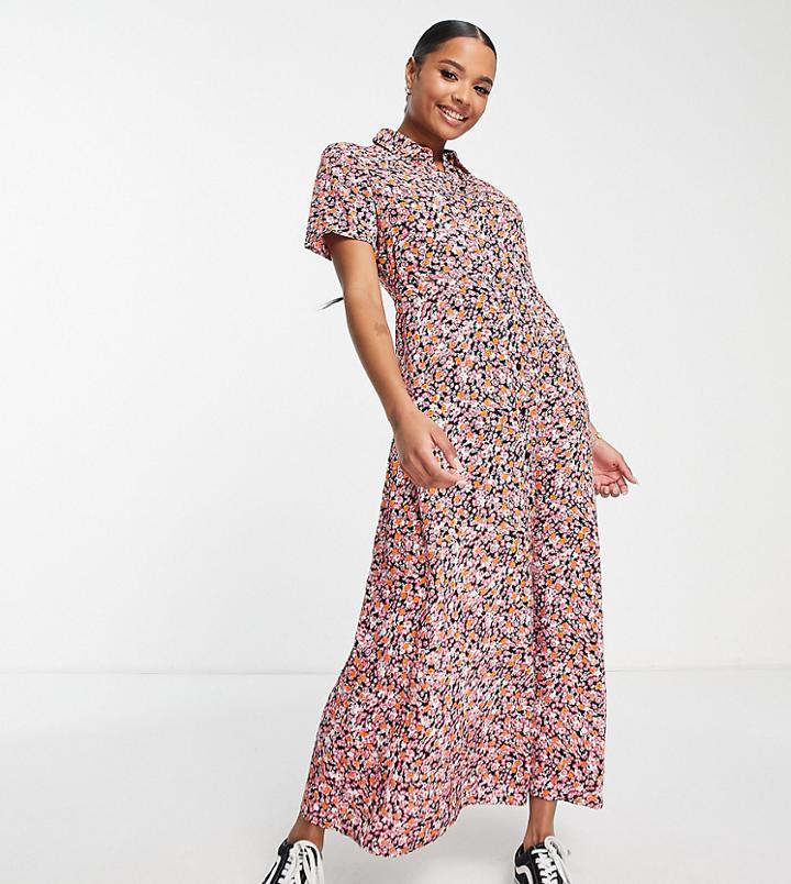 Pieces Petite Exclusive Maxi Shirt Dress In Orange Ditsy Floral
