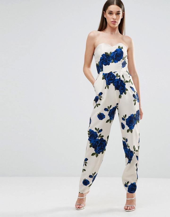 Love Bandeau Jumpsuit In Floral Print - Blue And White Flora