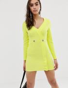 Asos Design Neon Ribbed Tux Dress With Contrast Buttons-yellow