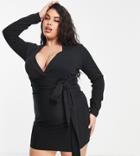 Asos Design Curve Long Sleeve V Neck Mini Dress With Tie Belt In Black
