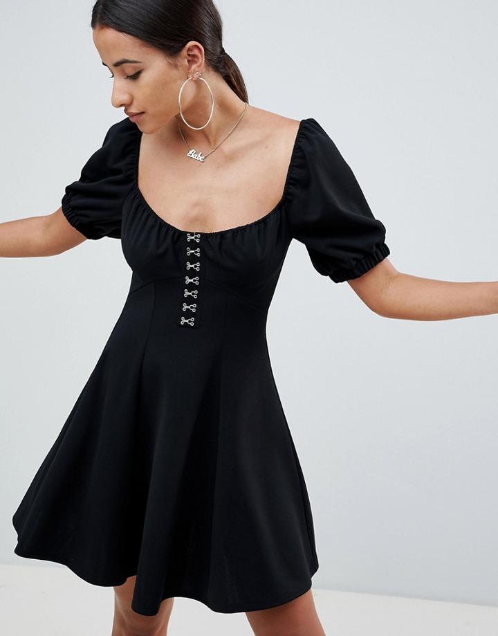 Asos Design Mini Skater Dress With Hook And Eye Detail-black