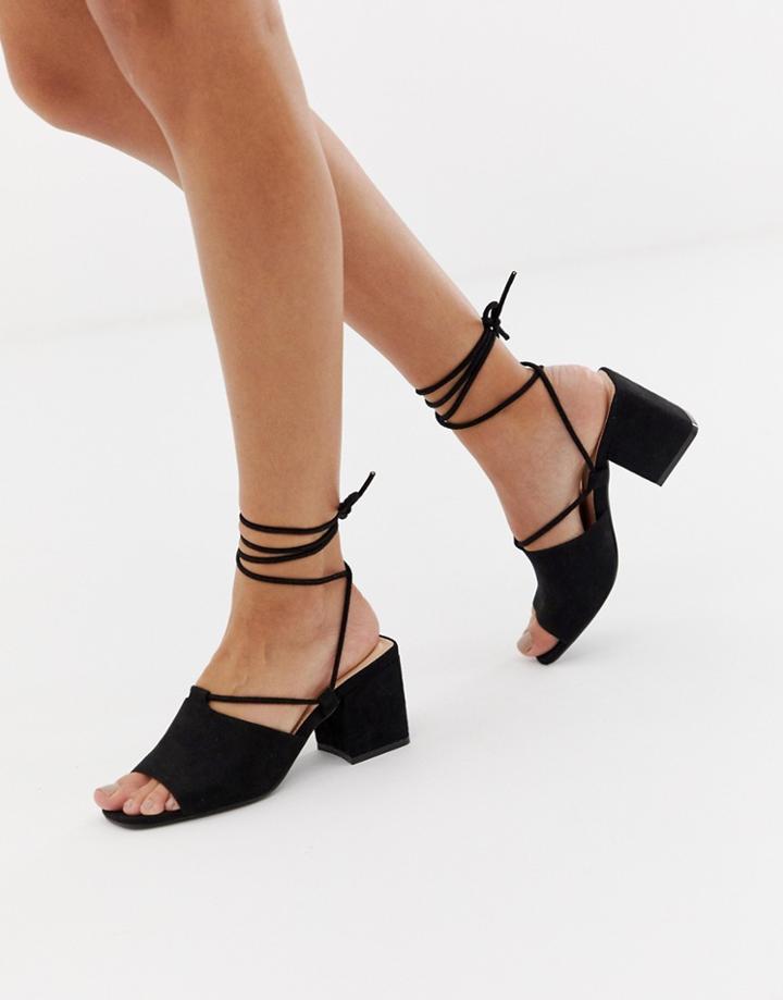Public Desire Heidi Black Ankle Tie Mid Heeled Sandals - Black