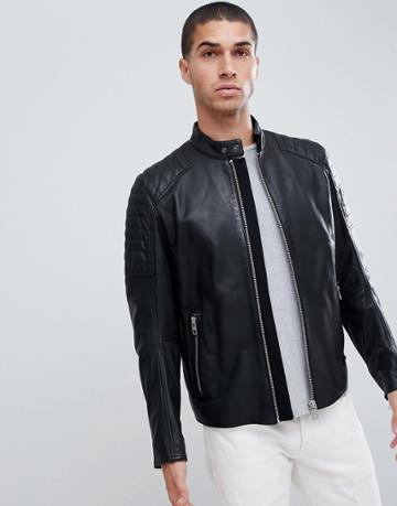 Boss Jaysee Slim Fit Leather Biker Jacket In Black - Black