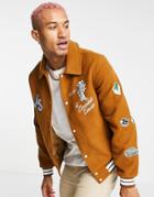 Asos Design Wool Mix Varsity Jacket In Brown With Badging Detail