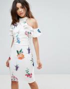 City Goddess Floral Print Pencil Dress With Ruffle Detail - White