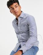 Polo Ralph Lauren Player Logo Bold Stripe Slim Fit Poplin Shirt Estate Collar In Navy