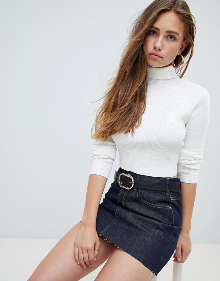 Missguided Ribbed Roll Neck Crop Top In White - White