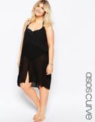 Asos Curve Plunge Back Chiffon Split Front Beach Dress - Black
