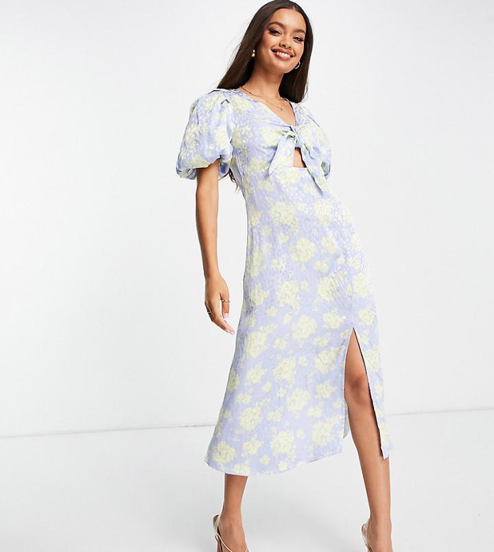 River Island Petite Floral Print Tie Front Midi Dress In Blue-blues
