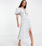 River Island Petite Floral Print Tie Front Midi Dress In Blue-blues