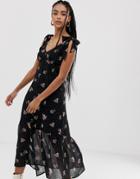 Wild Honey Midi Dress With Frill Detail In Floral - Black