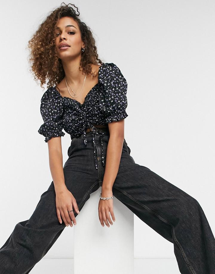 Urban Bliss Shirred Ruched Top In Black Flirty Floral