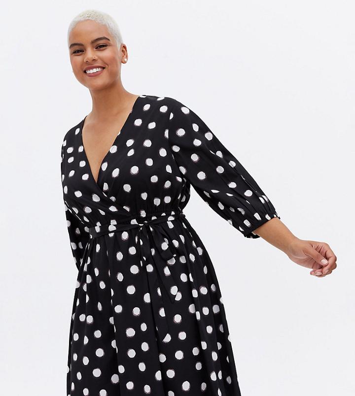 New Look Curve Tie Waist Wrap Dress In Black Polka-dot Print