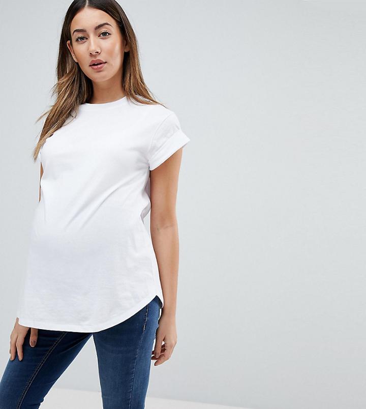 Asos Maternity T-shirt In Boyfriend Fit With Rolled Sleeve And Curved Hem - White