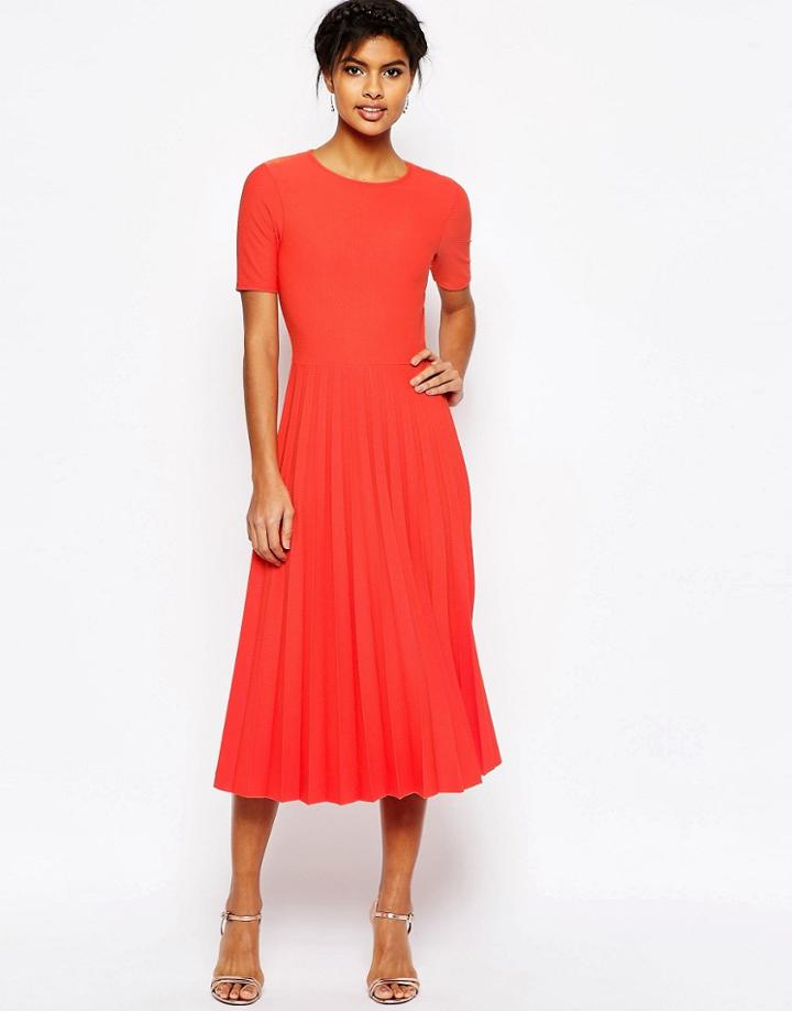 Asos Textured Pleated Midi Dress - Orange