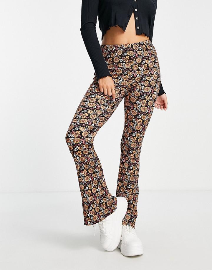 Topshop Crinkle Flared Pants In Retro Floral-multi