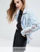 Rokoko Trophy Leather Biker Jacket With Studding And Flowers - Blue