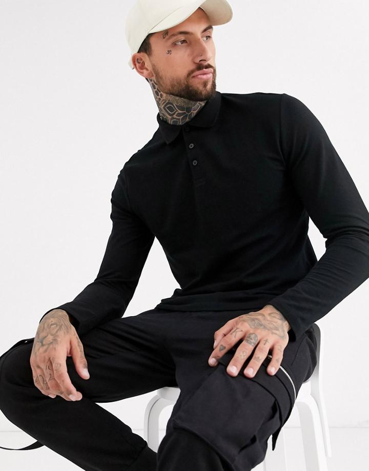 Asos Design Organic Long Sleeve Pique Polo In Black