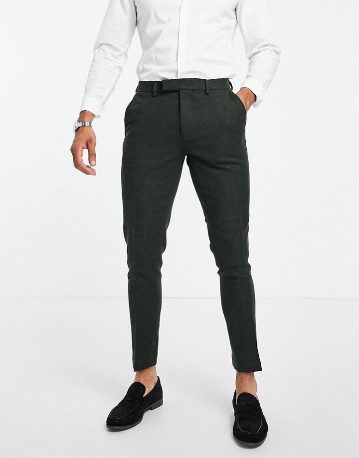 Asos Design Super Skinny Wool Mix Suit Pants In Khaki Tweed-green