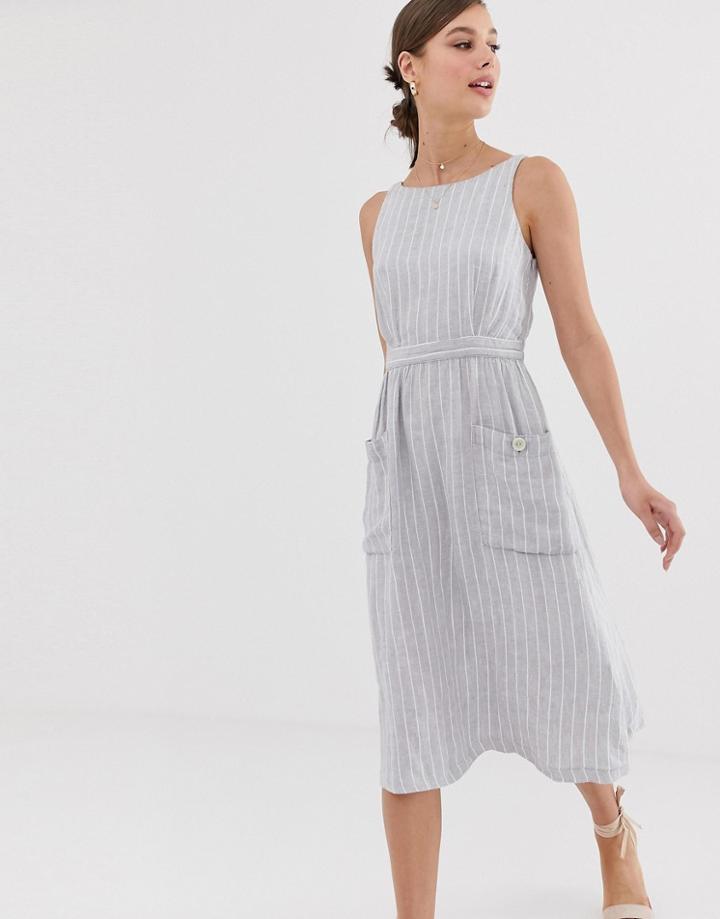 Mango Striped Linen Dress With Pockets In Blue - Blue