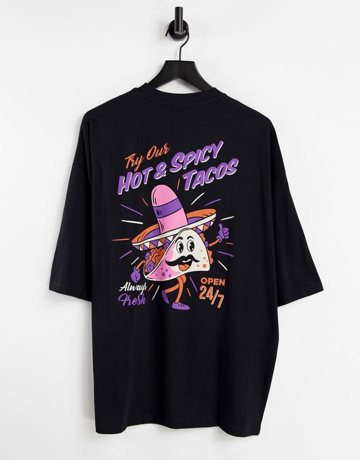 Asos Design Oversized Organic T-shirt In Black With Front And Back Taco Print