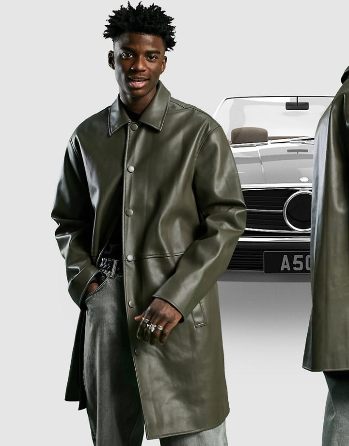 Asos Design Faux Leather Longline Trench Coat In Khaki-green