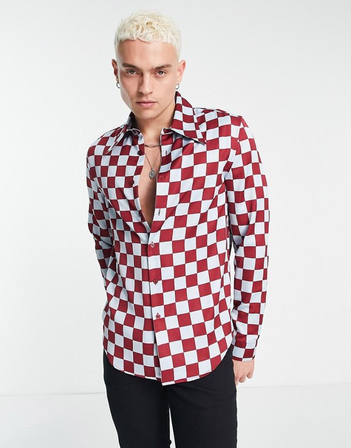 Asos Design Regular Satin Shirt In 70s Checkerboard-blue