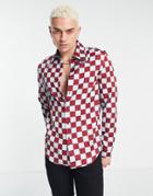 Asos Design Regular Satin Shirt In 70s Checkerboard-blue