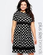 Praslin Plus Size Skater Dress In Polka Dot Print With Contrast Band - Black