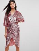 Club L Kimono Sleeve Midi Dress In All Over Sequin - Pink