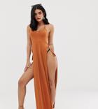 Asos Design Slinky Jersey Beach Maxi Dress With Split Sides & Cowl Back - Brown