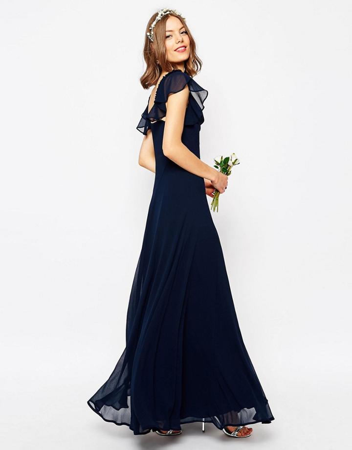 Asos Wedding Frill Shoulder Detail Maxi Dress - Navy