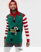 Brave Soul Tall Holidays Hooded Elf Sweater With Bells - Green