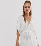 Asos Design Petite Plunge Tie Waist Kimono Sleeve Crinkle Beach Cover Up In White