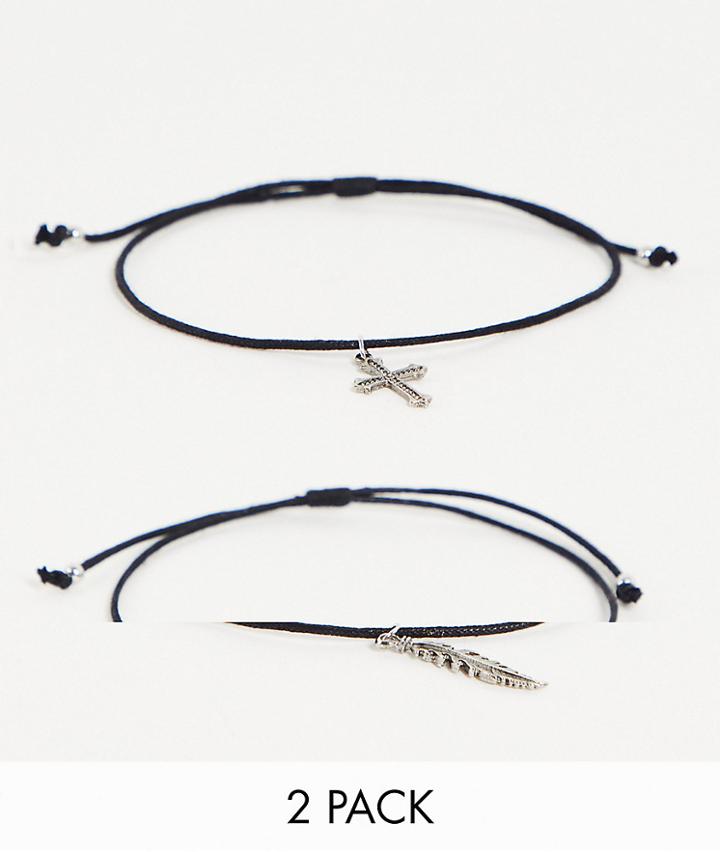 Asos Design 2 Pack Festival Cord Anklet Set With Feather Detail In Black