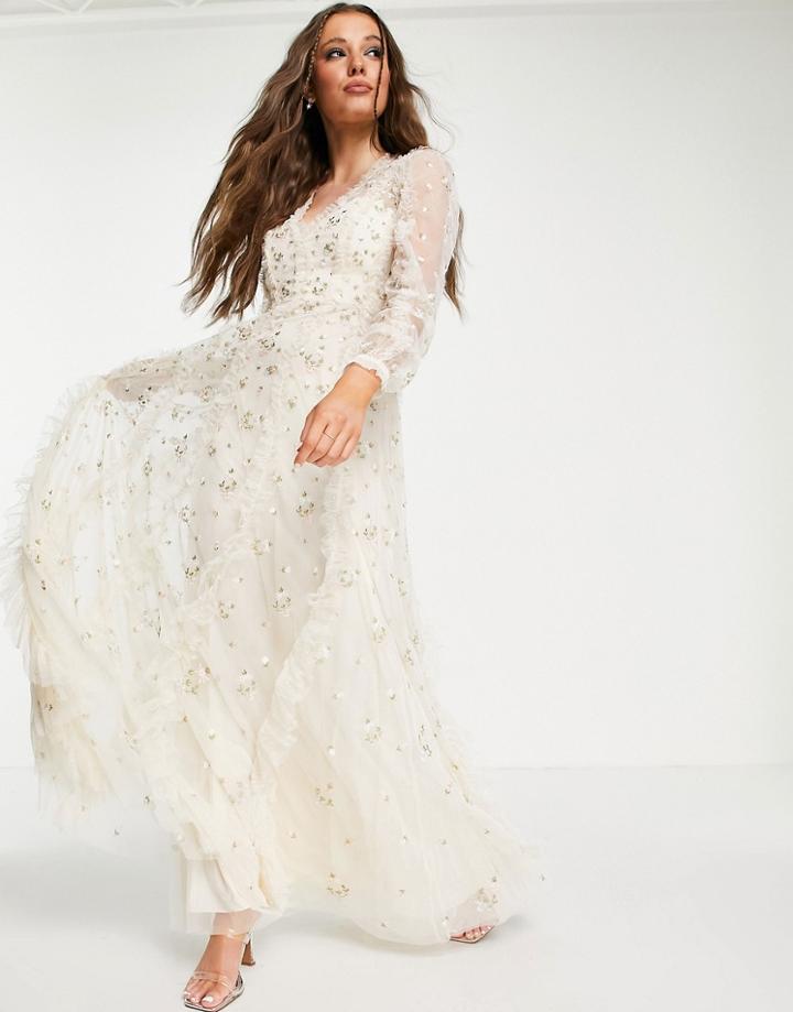 Needle & Thread Bridal Frieda Ditsy Maxi Dress With Floral Embroidery In Ivory-white
