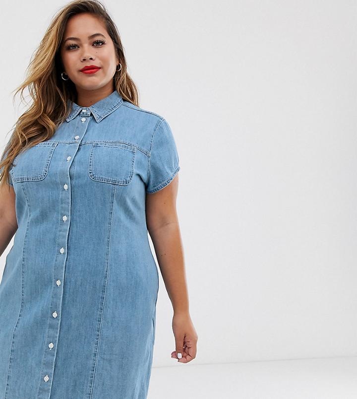 Asos Design Curve Soft Denim Short Sleeve Shirt Dress Midwash Blue - Blue