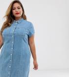 Asos Design Curve Soft Denim Short Sleeve Shirt Dress Midwash Blue - Blue