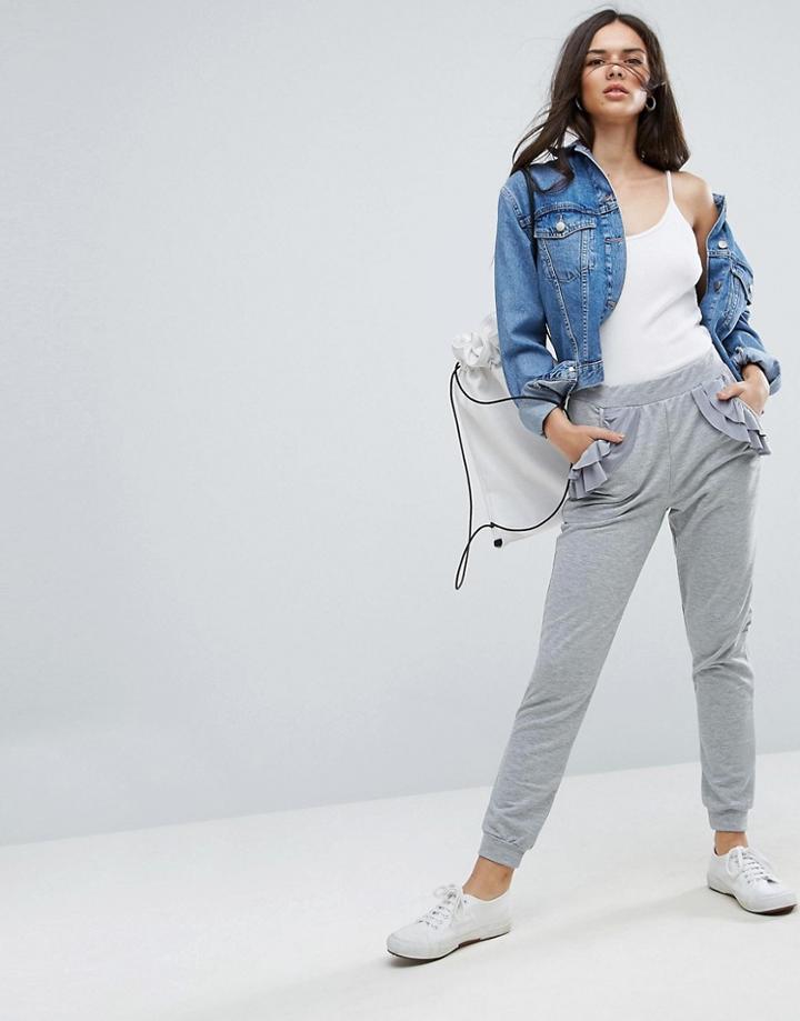 Asos Jogger With Woven Ruffle Pockets - Gray