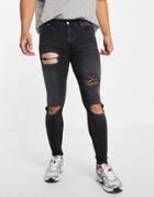 Asos Design Spray On Jeans With Powerstretch In Washed Black Wash With Heavy Rip