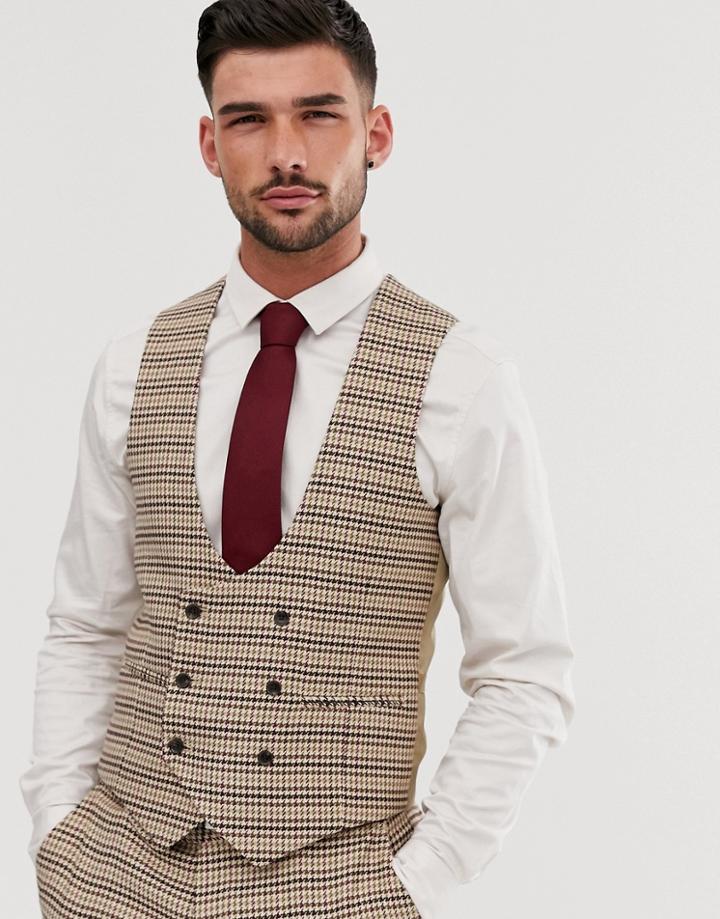 Gianni Feraud Skinny Fit Dog Tooth Check Suit Vest - Brown
