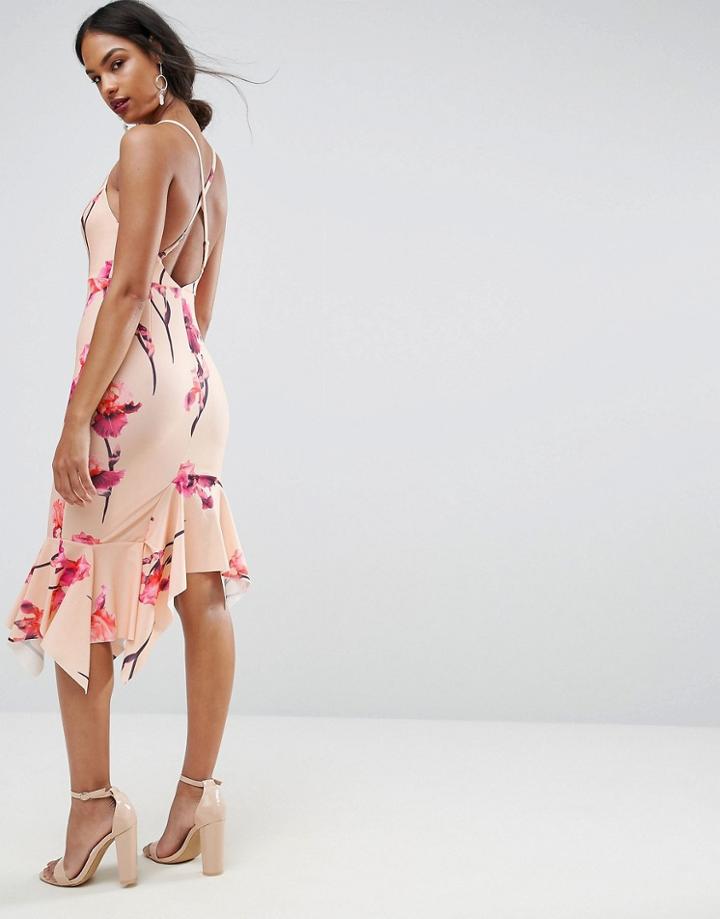 Asos Floral Crepe Cross Back Step Hem Midi Dress - Multi