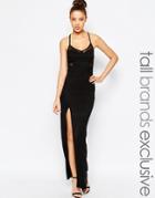 True Decadence Tall Mesh Insert Maxi Dress With Thigh Split - Black