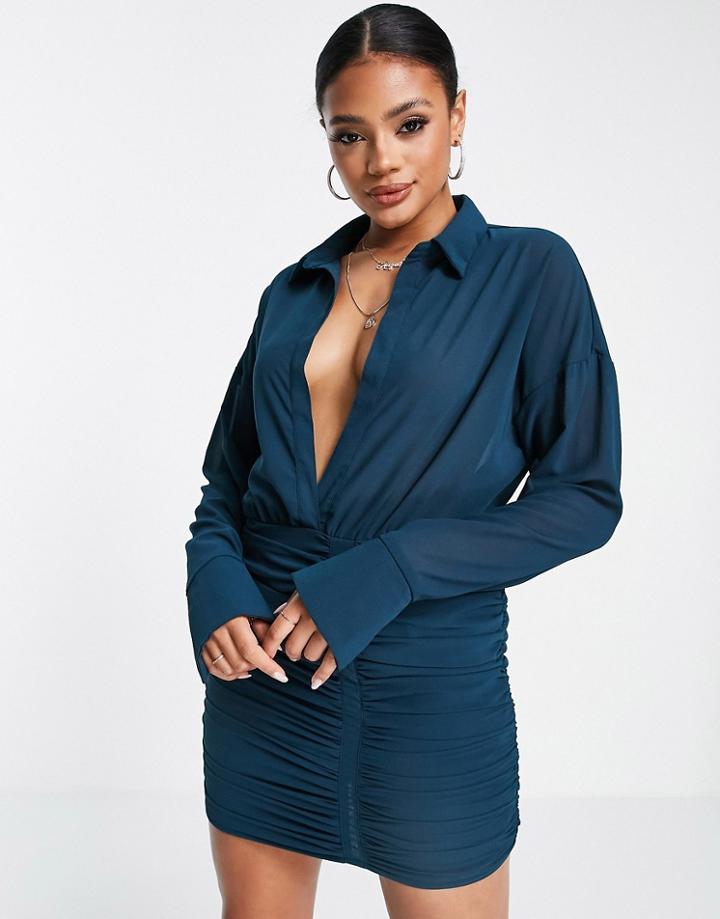 Missyempire Long Sleeve Plunge Front Ruched Skirt Mini Dress In Teal-blues