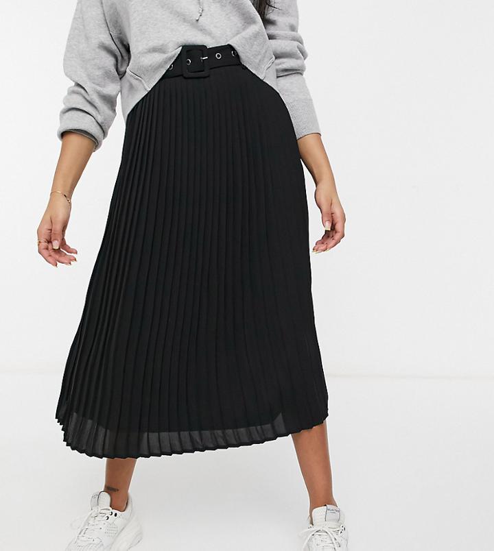 Vila Petite High Waisted Pleated Skirt With Belt In Black