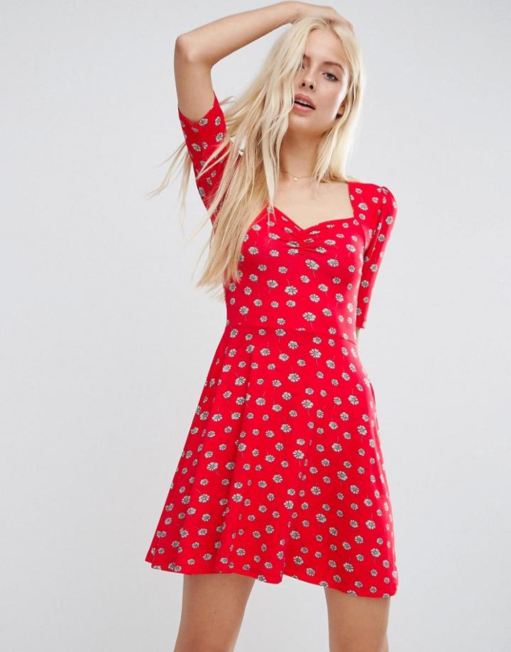 Asos Sweetheart Skater Dress In Red Daisy Print - Multi