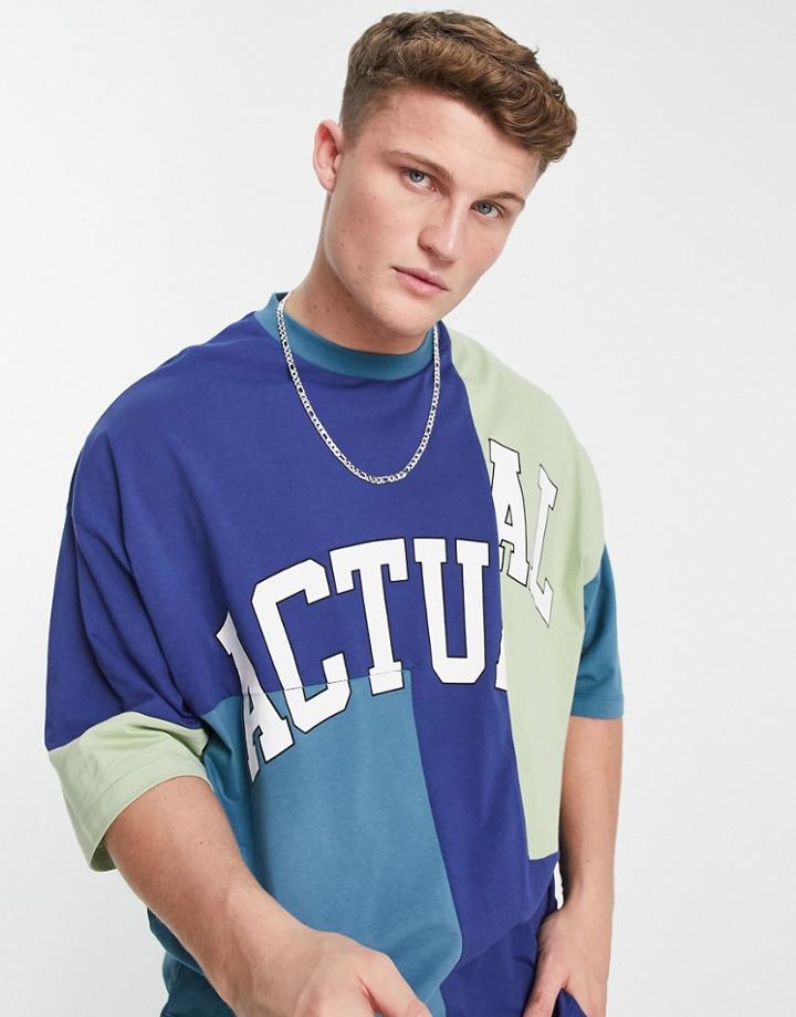 Asos Actual Oversized T-shirt With Color Blocking And Logo Print In Blue