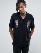Asos Regular Fit Viscose Shirt With Revere Collar And Bird Embroidery - Navy