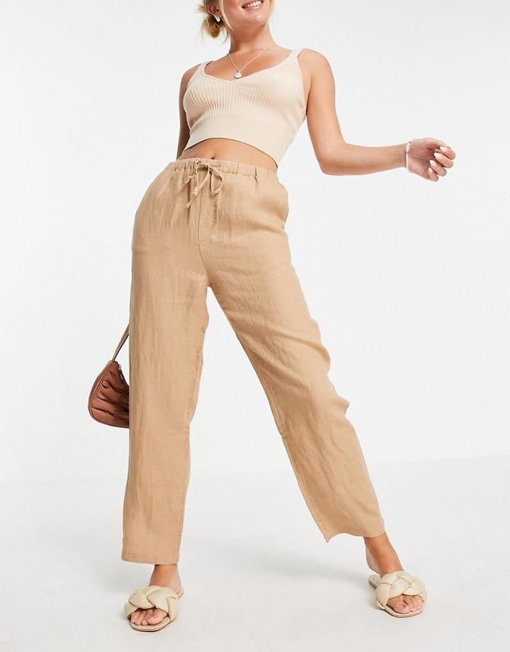 Mango Straight Leg Linen Pants In Camel-brown